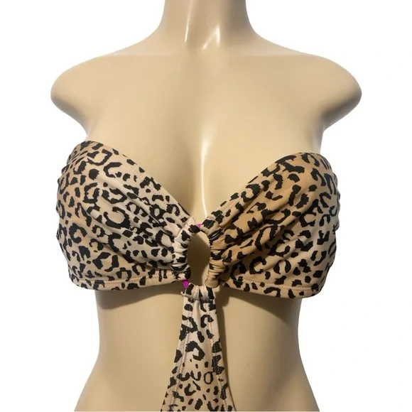 Leopard Animal Print Strapless One Piece Side Cutout Beige Adjustable Swimsuit - Picture 7 of 9